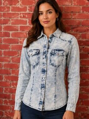 Ali Kris Tie Dye Blue Long Sleeve Pearl snap Buttons Women's Top Blouse Sz S